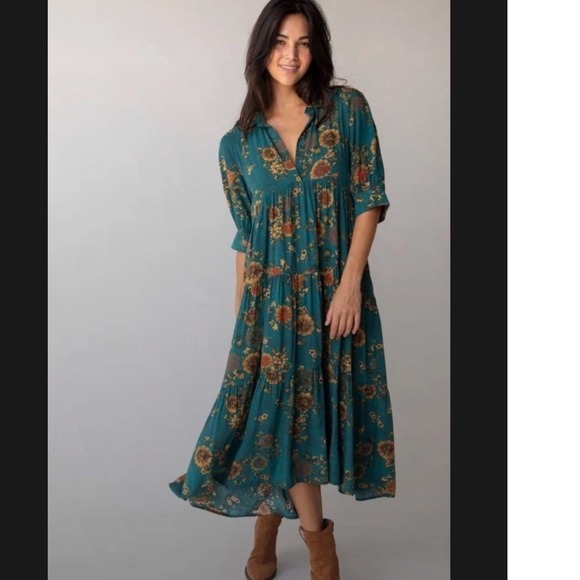 NATURAL LIFE Dresses & Skirts - Natural Life Teal Floral Tiered Rebecca Midi Dress Large Rayon Boho Puff Sleeve